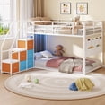 thumbnail image 1 of Low Bunk Bed Twin Over Twin Size with 6 Storage Drawers and LED Lights, Reversible Metal Bunk Beds with 6-Pocket Organizer and Storage Staircase, Twin Loft Bed with High Guardrails, White, 1 of 9
