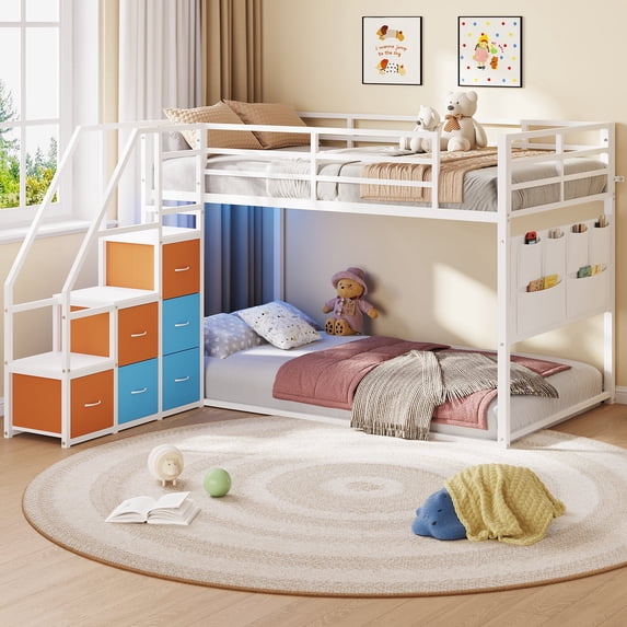 Low Bunk Bed Twin Over Twin Size with 6 Storage Drawers and LED Lights, Reversible Metal Bunk Beds with 6-Pocket Organizer and Storage Staircase, Twin Loft Bed with High Guardrails, White