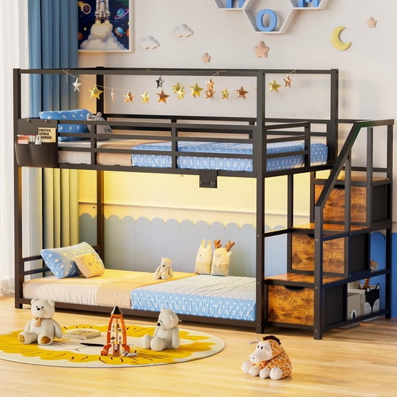 Low Bunk Bed Twin Over Twin with Storage Staircase, RGB LED Lights, Drawers,Shelves&Power Outlet, Double Full-Length Guardrails & Metal Slats for Small Space, Black