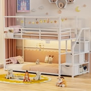 Low Bunk Bed Twin Over Twin with Storage Staircase, RGB LED Lights, Drawers,Power Outlet, Double Full-Length Guardrails, White