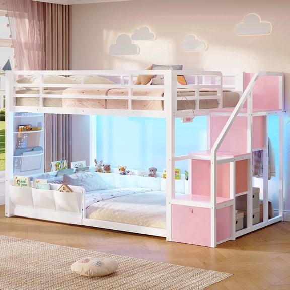 Low Bunk Bed Twin Over Twin with Storage Stairs & Dual Level Guardrails, LED Floor Bunk Bed with Drawers, Charging Station, Metal Bunk Bed Frame, Space Saving