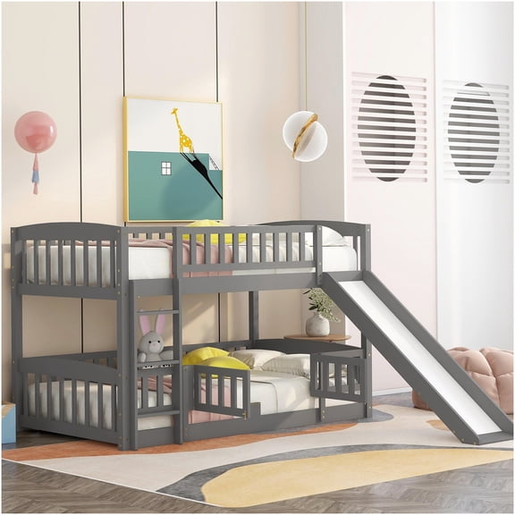 Low Bunk Bed with Slide, Twin Over Twin, Space-Saving Design with Guardrail and Ladder, Gray Finish