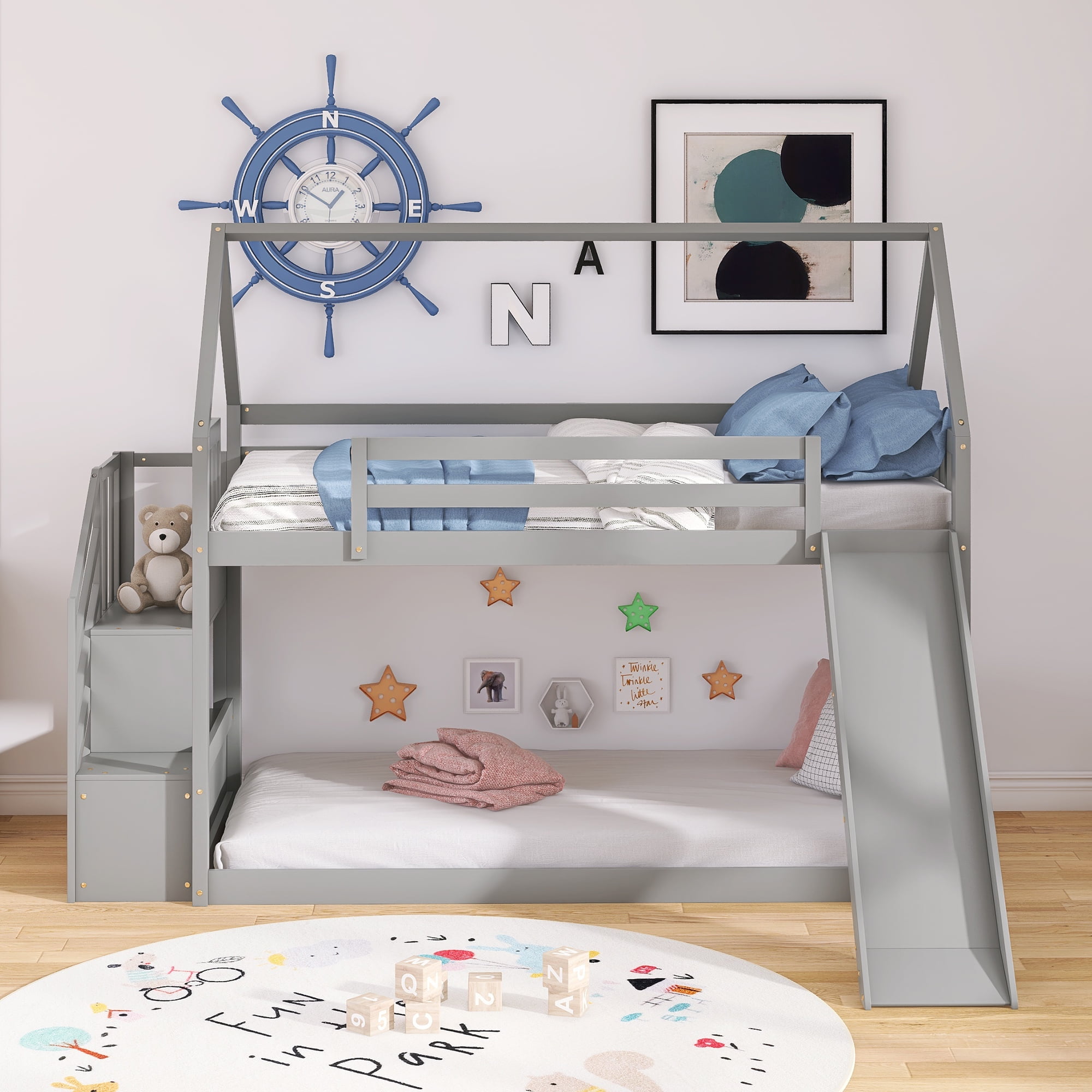 Low Bunk Bed with Slide and Stairs, Wood Twin Over Twin House Bunk Beds