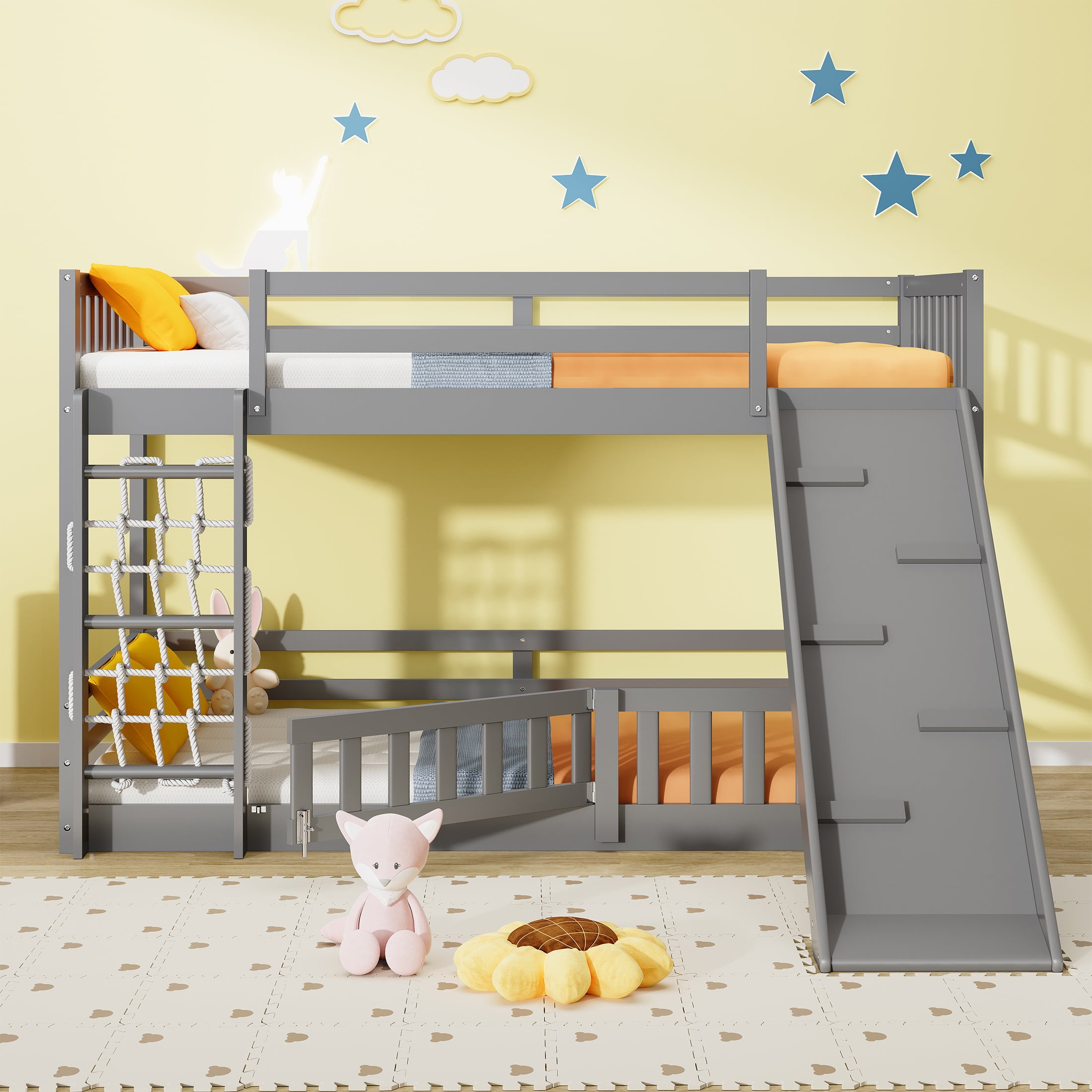 PORKISS Low Bunk Beds for Kids with Climbing Nets and Climbing Ramp Twin Over Twin Floor Bunk Bed Modern Bedroom Furniture Wood Bunk Bed for Boys