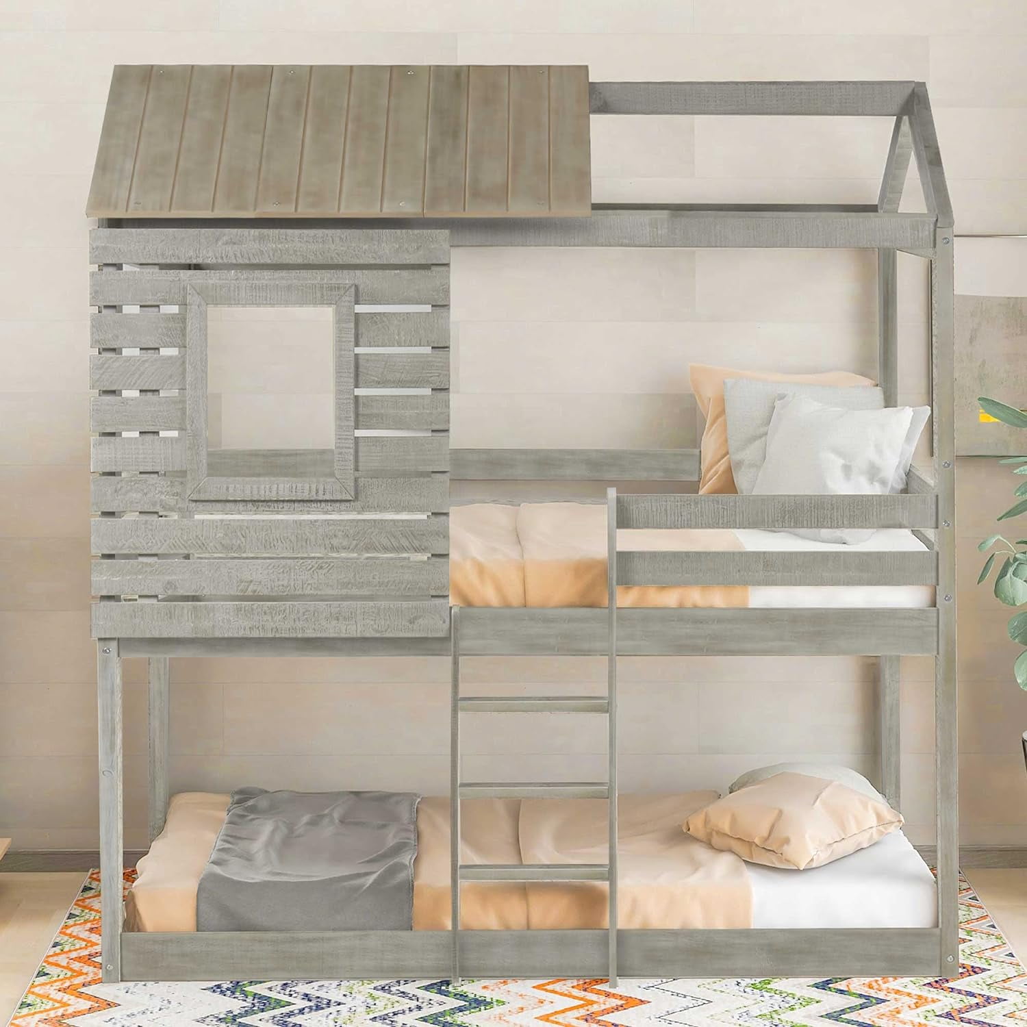 Low Bunk Beds Over Size, Wood Bunk Beds With Roof And Guard Rail For Kids, No Box Spring Needed ...