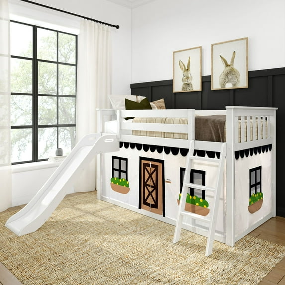 Low Bunk With Easy Slide & Black & White Farmhouse Curtain, White