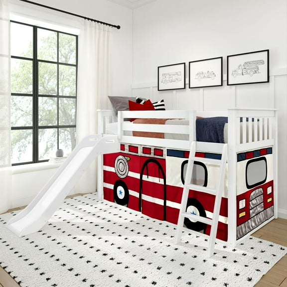 Low Bunk With Easy Slide & Firetruck Curtain, White