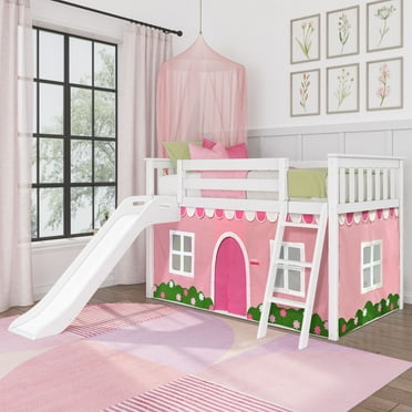 Low Bunk With Easy Slide & Light Pink & White Farmhouse Curtain, White