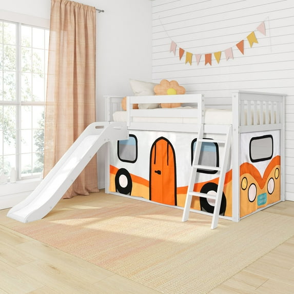 Low Bunk With Easy Slide & Orange Camper Van Curtain, White