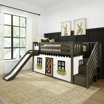 Low Bunk With Stairs, Easy Slide & Black & White Farmhouse Curtain, Clay
