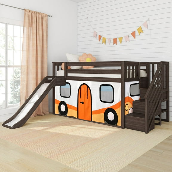 Low Bunk With Stairs, Easy Slide & Orange Camper Van Curtain, Clay