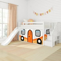 Low Bunk With Stairs, Easy Slide & Orange Camper Van Curtain, White
