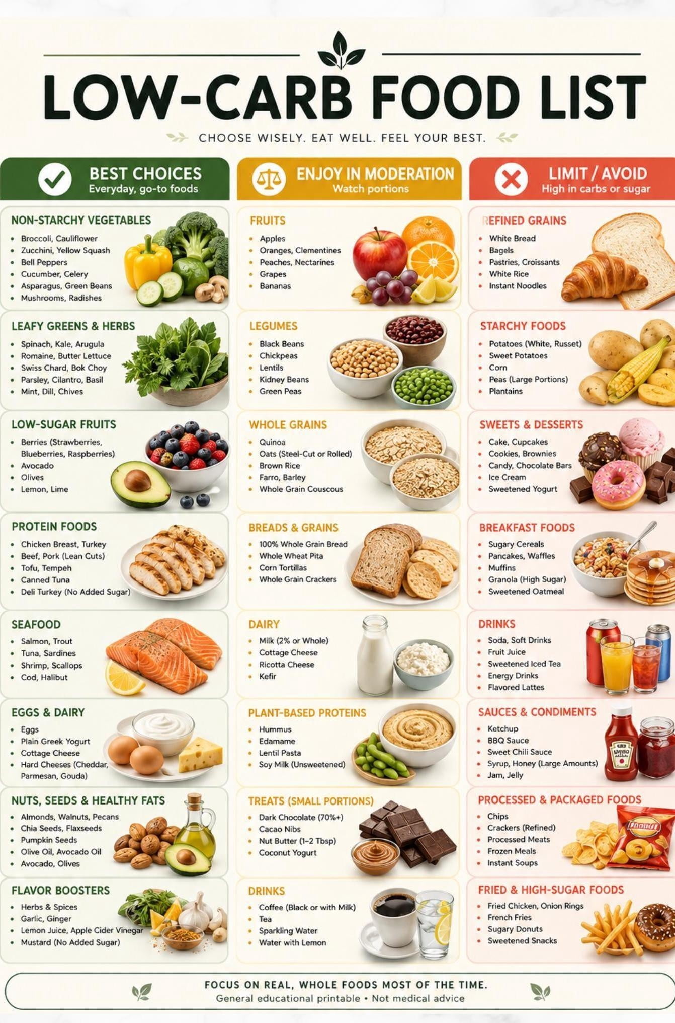 Low Carb Diet Chart Poster Foods to Eat and Avoid poster, Helpful guide ...