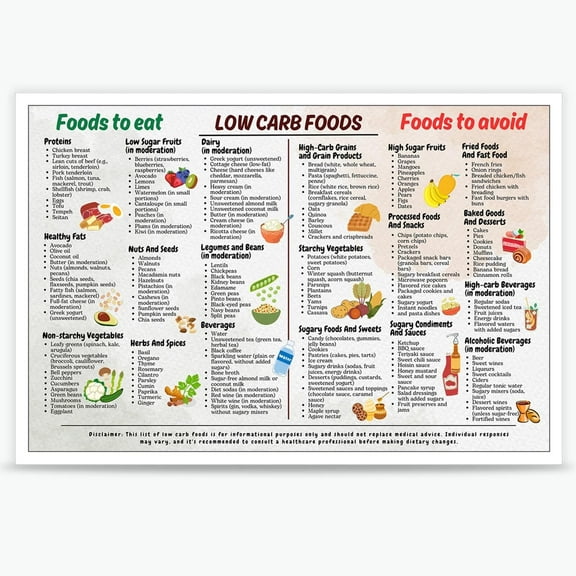 Low Carb Food List Chart Poster Low Carb Diet Poster for Beginner Diet Meal Plan Art PrintS Health Food Recipes and Snack Ideas Wall DECOR For Kitchen Resturant