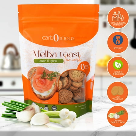 Carbolicious Low Carb Melba Toast, Onion & Garlic Flavor, Crunchy Keto Snack Crackers, High Fiber, 4 oz Pouch