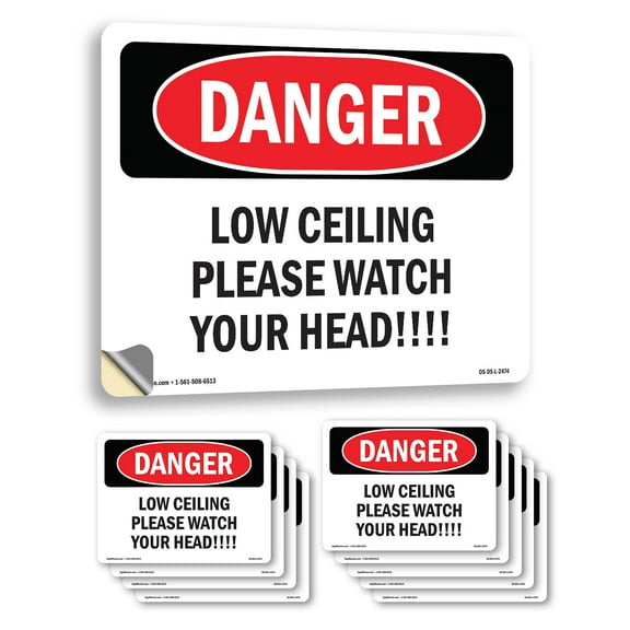 Low Ceiling Please Watch Your Head! OSHA Danger Vinyl Decal Label 10 Inch x 7 Inch - 10 Pack