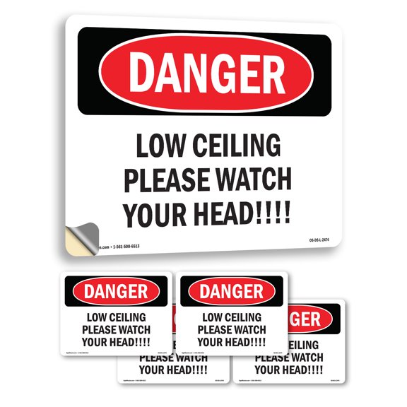 Low Ceiling Please Watch Your Head! OSHA Danger Vinyl Decal Label 5 Inch x 3.5 Inch - 5 Pack