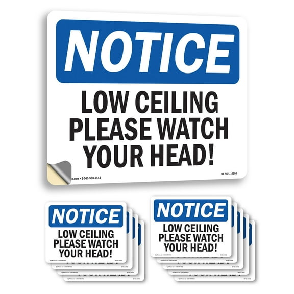 Low Ceiling Please Watch Your Head! OSHA Notice Vinyl Decal Label 5 Inch x 3.5 Inch - 10 Pack