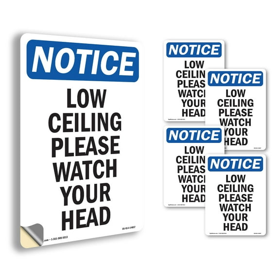 Low Ceiling Please Watch Your Head! OSHA Notice Vinyl Decal Label 5 Inch x 3.5 Inch - 5 Pack