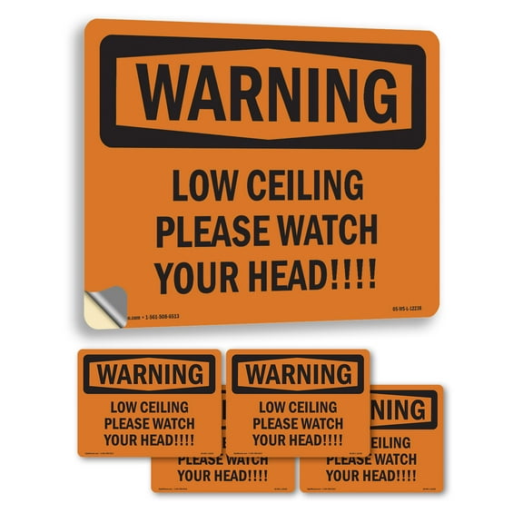Low Ceiling Please Watch Your Head! OSHA WARNING Vinyl Decal Label 18 Inch x 12 Inch - 5 Pack