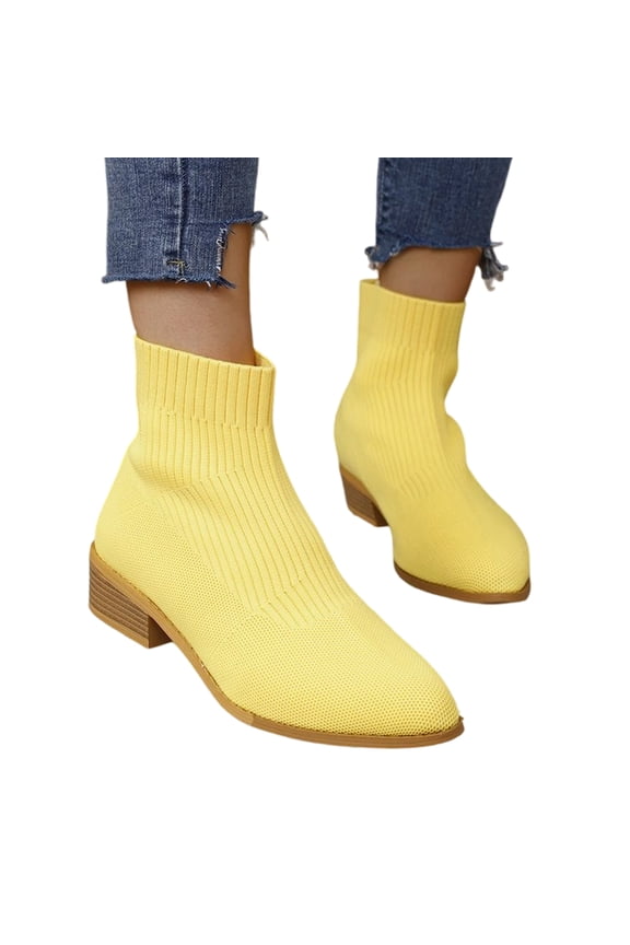 Low Chunky Heel Ankle Boots Country Concert Outfits, Textured Knit Sock Booties Music Festival Wear, Comfortable Shoes Holiday Street Strolling, Flexible Footwear Casual Wearing, Yellow 5.5