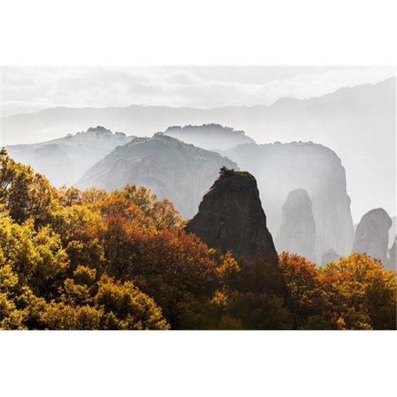 Low Cloud Around The Rugged Cliffs with Foliage in Autumn Colours - Meteora Greece Poster Print by Reynold Mainse - 38 x 24 - Large