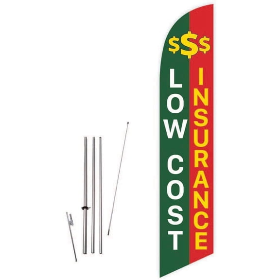 Low Cost Insurance Green/Red Feather Flag with Complete 15ft Pole kit and Ground Spike