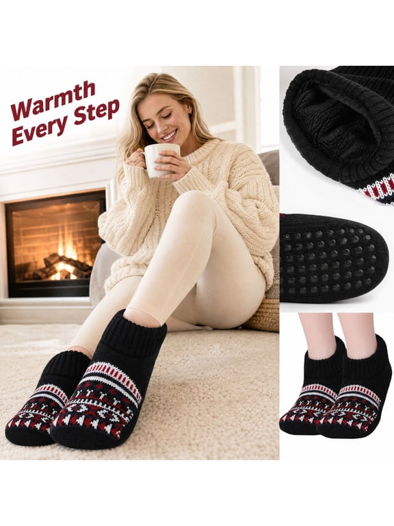 Low Cut Ankle Slipper Socks Sherpa Fleece Lined Fair Isle Pattern Non Slip Winter Warm House Socks M