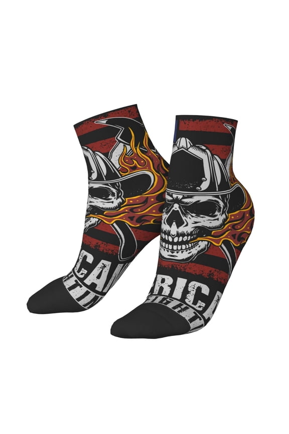 Low Cut Unisex Novelty Crew Socks Casual Ankle Socks for Men Women, American Fire Fighter Skull