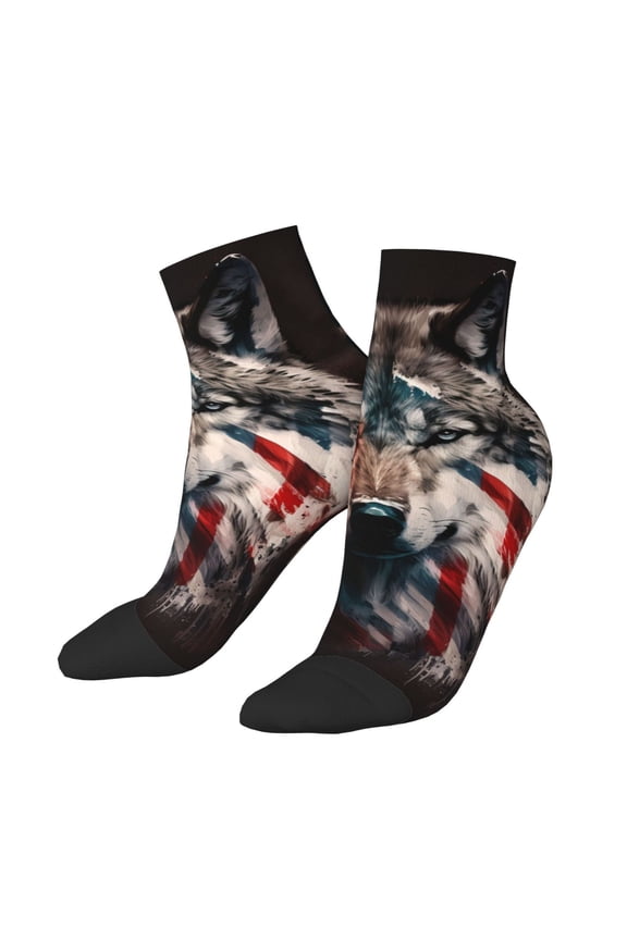 Low Cut Unisex Novelty Crew Socks Casual Ankle Socks for Men Women, American Wolf USA Flag