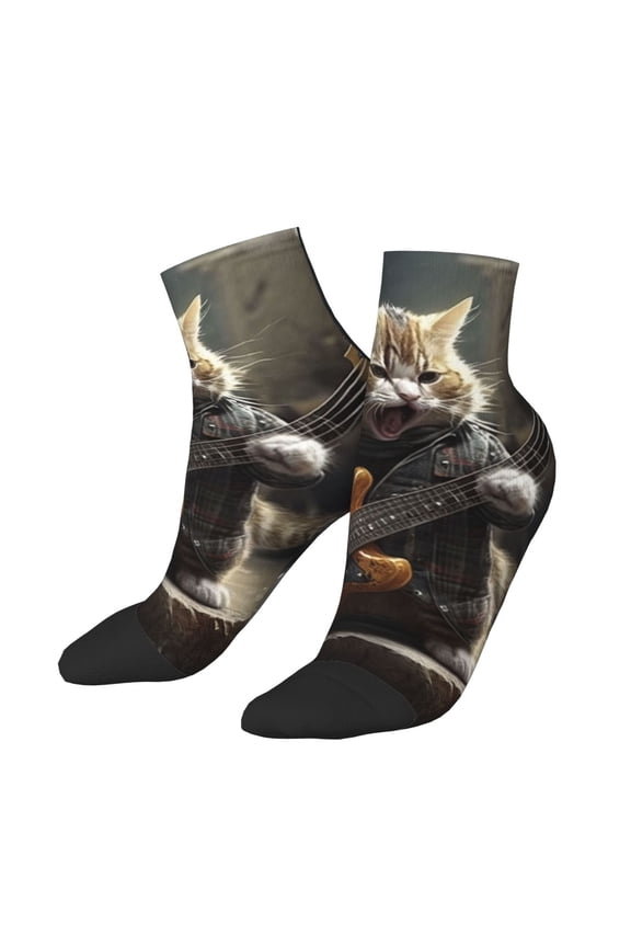 Low Cut Unisex Novelty Crew Socks Casual Ankle Socks for Men Women, Cat Playing Guitar Rock Music