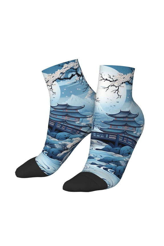 Low Cut Unisex Novelty Crew Socks Casual Ankle Socks for Men Women, Chinese Style Powder Chinoiserie Toile Blue