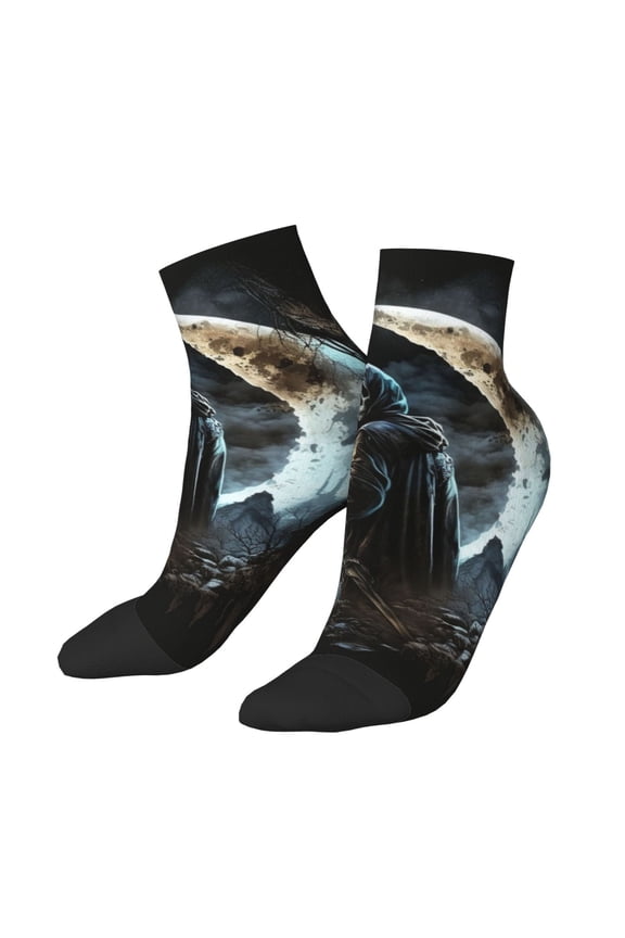 Low Cut Unisex Novelty Crew Socks Casual Ankle Socks for Men Women, Cool Grim Reaper Night Skull Moon