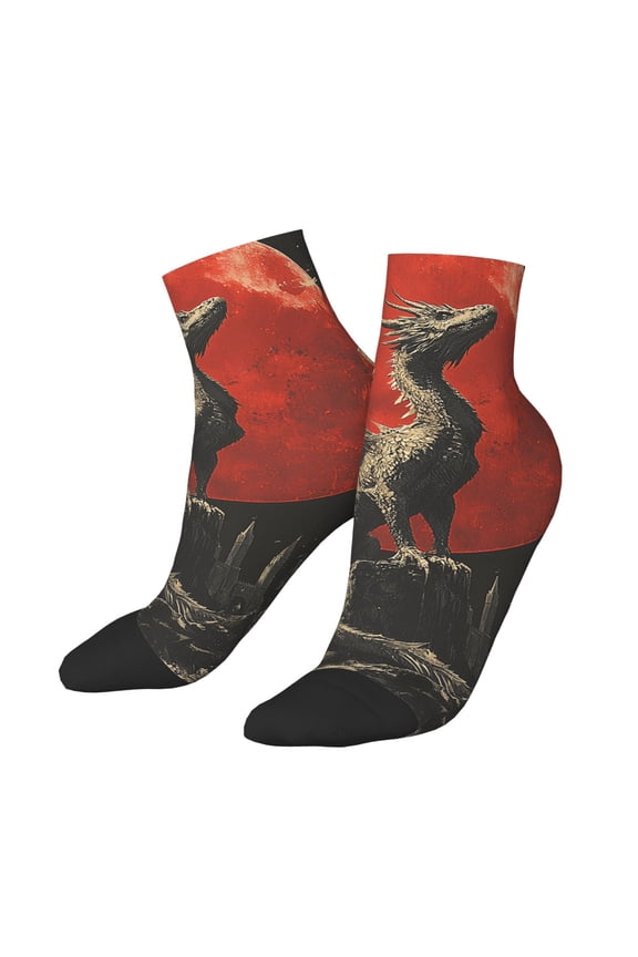 Low Cut Unisex Novelty Crew Socks Casual Ankle Socks for Men Women, Dragon Gothic Retro Red Moon