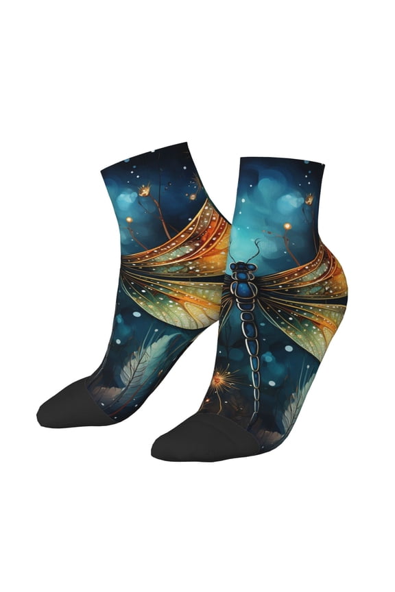 Low Cut Unisex Novelty Crew Socks Casual Ankle Socks for Men Women, Dragonfly Art Dragonflies Painting Starry Sky