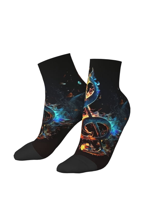 Low Cut Unisex Novelty Crew Socks Casual Ankle Socks for Men Women, Flaming Music Notes Fire