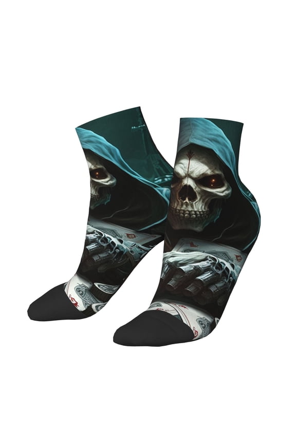 Low Cut Unisex Novelty Crew Socks Casual Ankle Socks for Men Women, Grim Reaper Playing Poker Death Skull