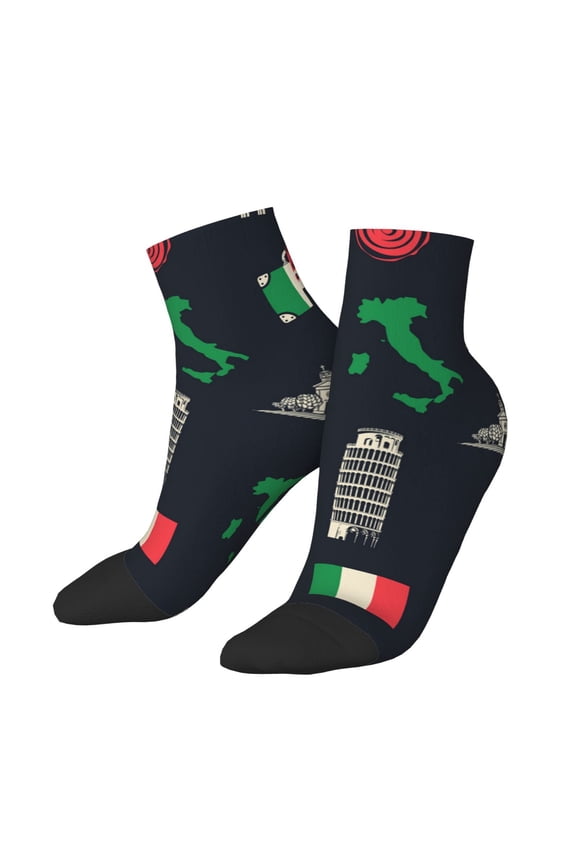Low Cut Unisex Novelty Crew Socks Casual Ankle Socks for Men Women, Italy Flag Map Italian Black Retro