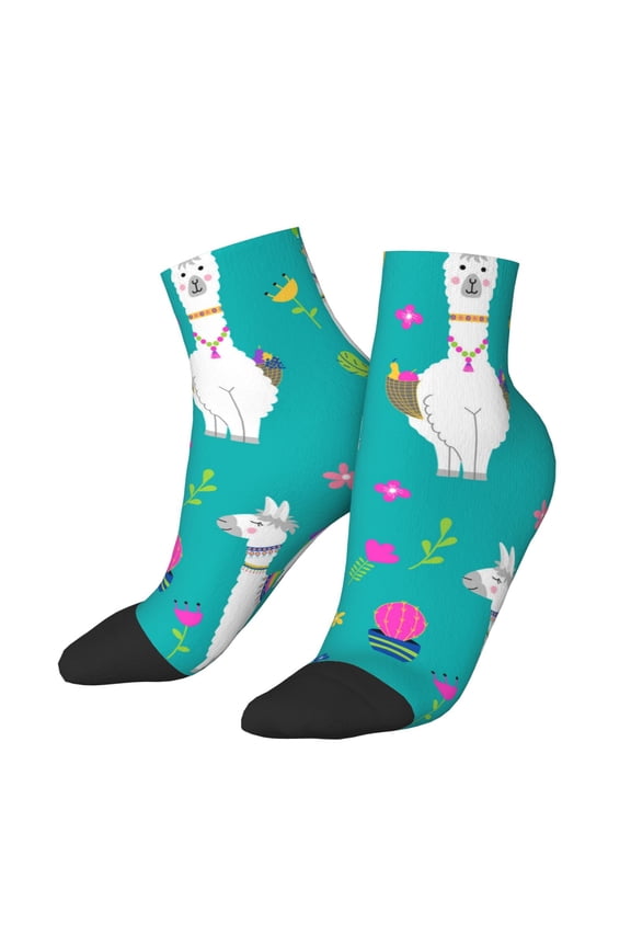 Low Cut Unisex Novelty Crew Socks Casual Ankle Socks for Men Women, Llama Alpaca Cactus Cartoon
