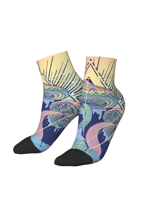 Low Cut Unisex Novelty Crew Socks Casual Ankle Socks for Men Women, Magic Mushrooms Geometry Psychedelic
