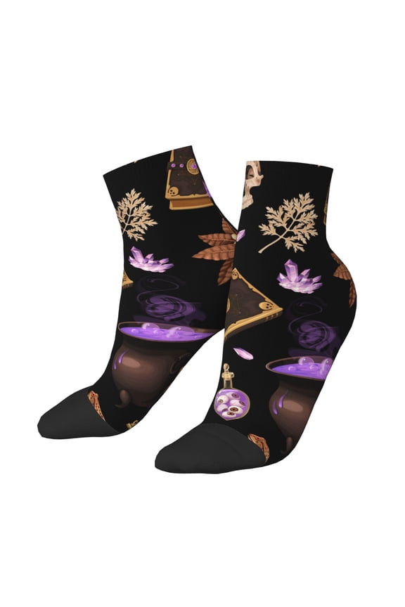 Low Cut Unisex Novelty Crew Socks Casual Ankle Socks for Men Women, Magic Skull Book Witchcraft