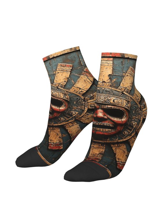 Low Cut Unisex Novelty Crew Socks Casual Ankle Socks for Men Women, Mayan Calendar Aztec Vintage Art