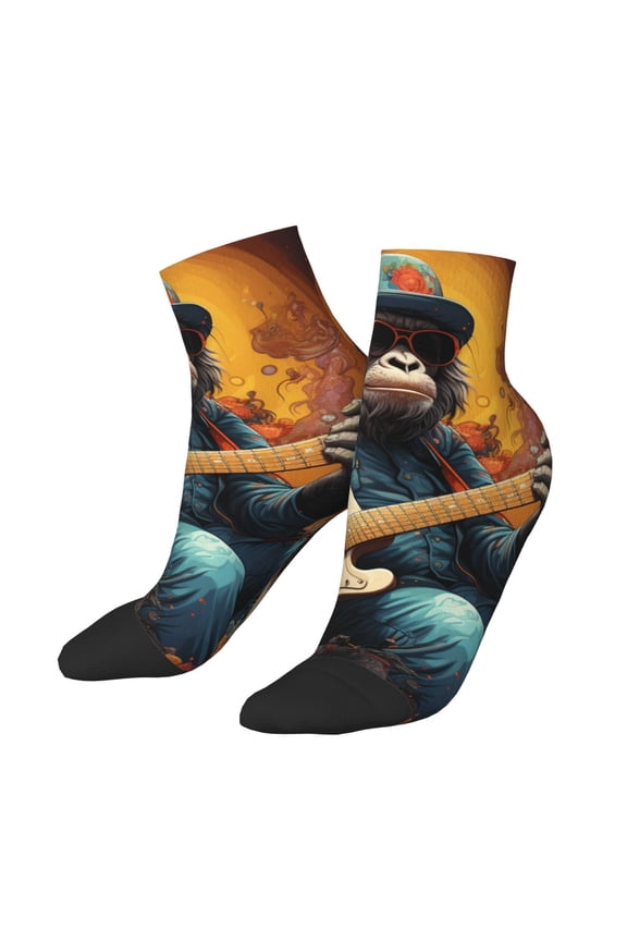 Low Cut Unisex Novelty Crew Socks Casual Ankle Socks for Men Women, Monkey Playing Guitar Cool