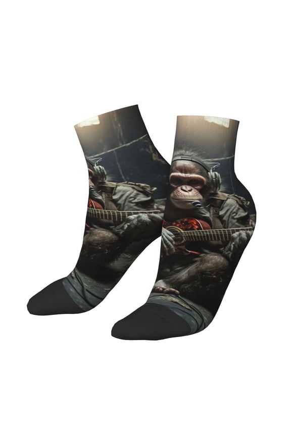 Low Cut Unisex Novelty Crew Socks Casual Ankle Socks for Men Women, Monkey Playing Guitar Music