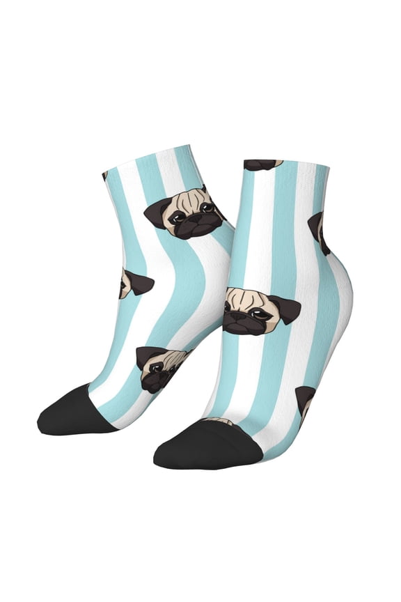 Low Cut Unisex Novelty Crew Socks Casual Ankle Socks for Men Women, Pug Heads Cute Dogs Striped