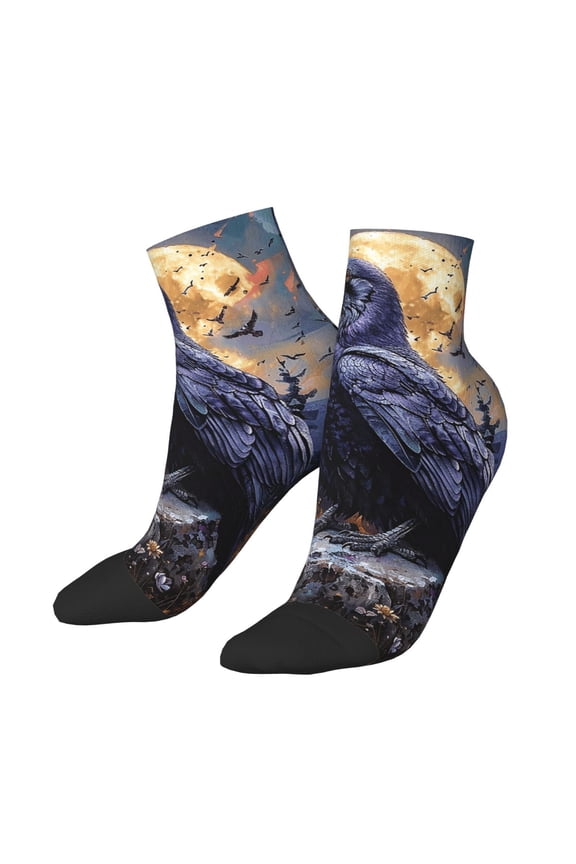 Low Cut Unisex Novelty Crew Socks Casual Ankle Socks for Men Women, Raven Magic Moon