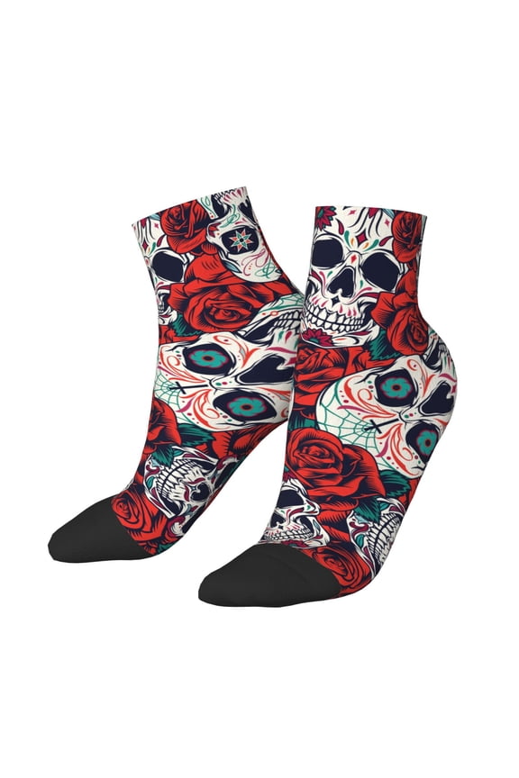 Low Cut Unisex Novelty Crew Socks Casual Ankle Socks for Men Women, Red Rose Skull Skulls Head