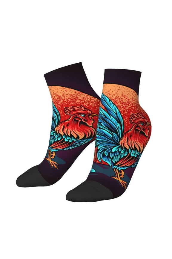 Low Cut Unisex Novelty Crew Socks Casual Ankle Socks for Men Women, Rooster Red Moon