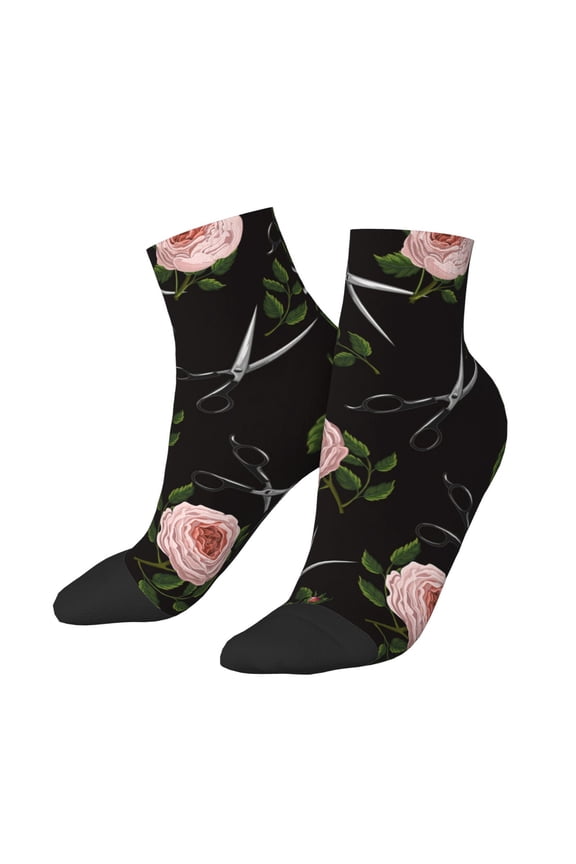 Low Cut Unisex Novelty Crew Socks Casual Ankle Socks for Men Women, Roses Scissors Salon
