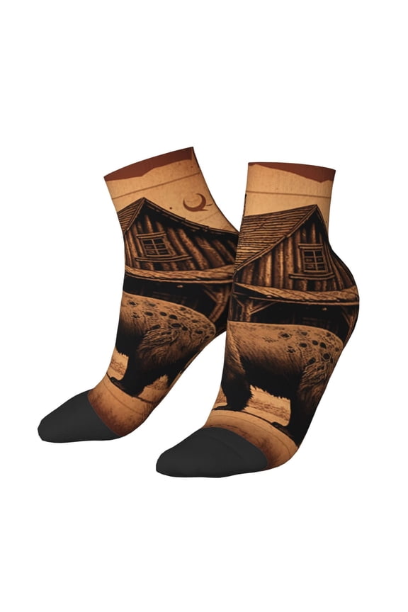 Low Cut Unisex Novelty Crew Socks Casual Ankle Socks for Men Women, Rustic Lodge Cabin Bear Southwestern Vintage